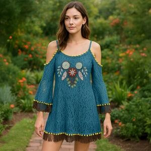 MISSLOOK Teal Hippie Boho Lace Cold Shoulder Pom Pom Fringe Tunic Dress Top 3XL